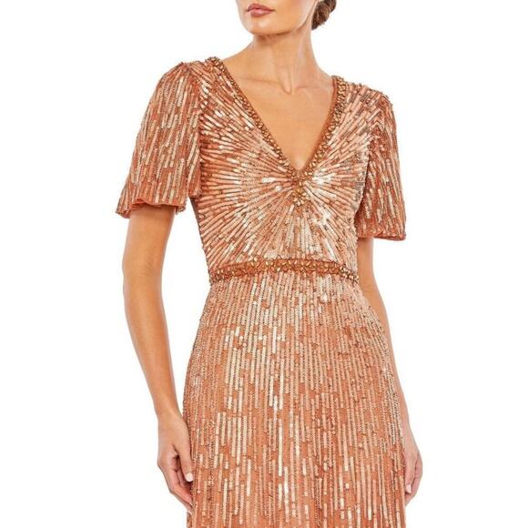 Mac Duggal Sequin Prom Gown Dress Butterfly Sleeve V Neck Copper Size 16 NWT - Picture 1 of 12